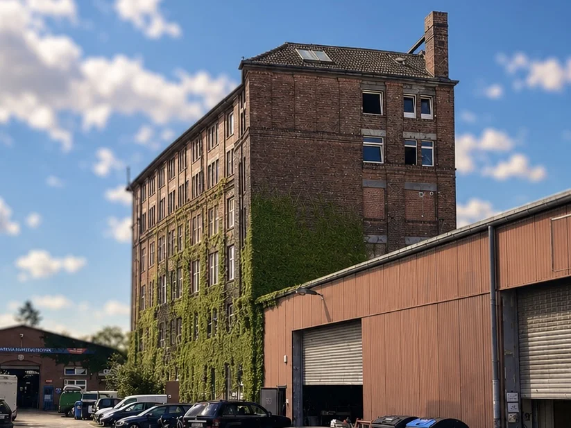 Helles Fotostudio mit großen Sprossenfenstern, Topflanze, LED-Lichttechnik, Stativ und Sitzmöbel